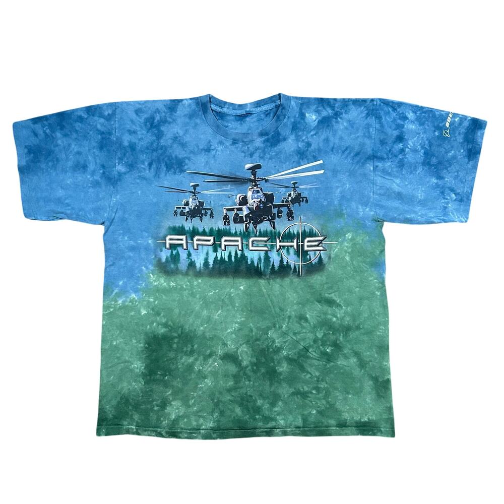Vintage 90s Boeing Apache T-Shirt Men’s 2XL Liquid Blue Single Stitch Tie Dye